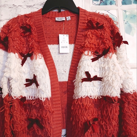 LOOP KNIT WITH BOWS ROSE AND WHITE COLOR CROPPED CARDIGAN SWEATER SIZE  XL - Picture 2 of 9